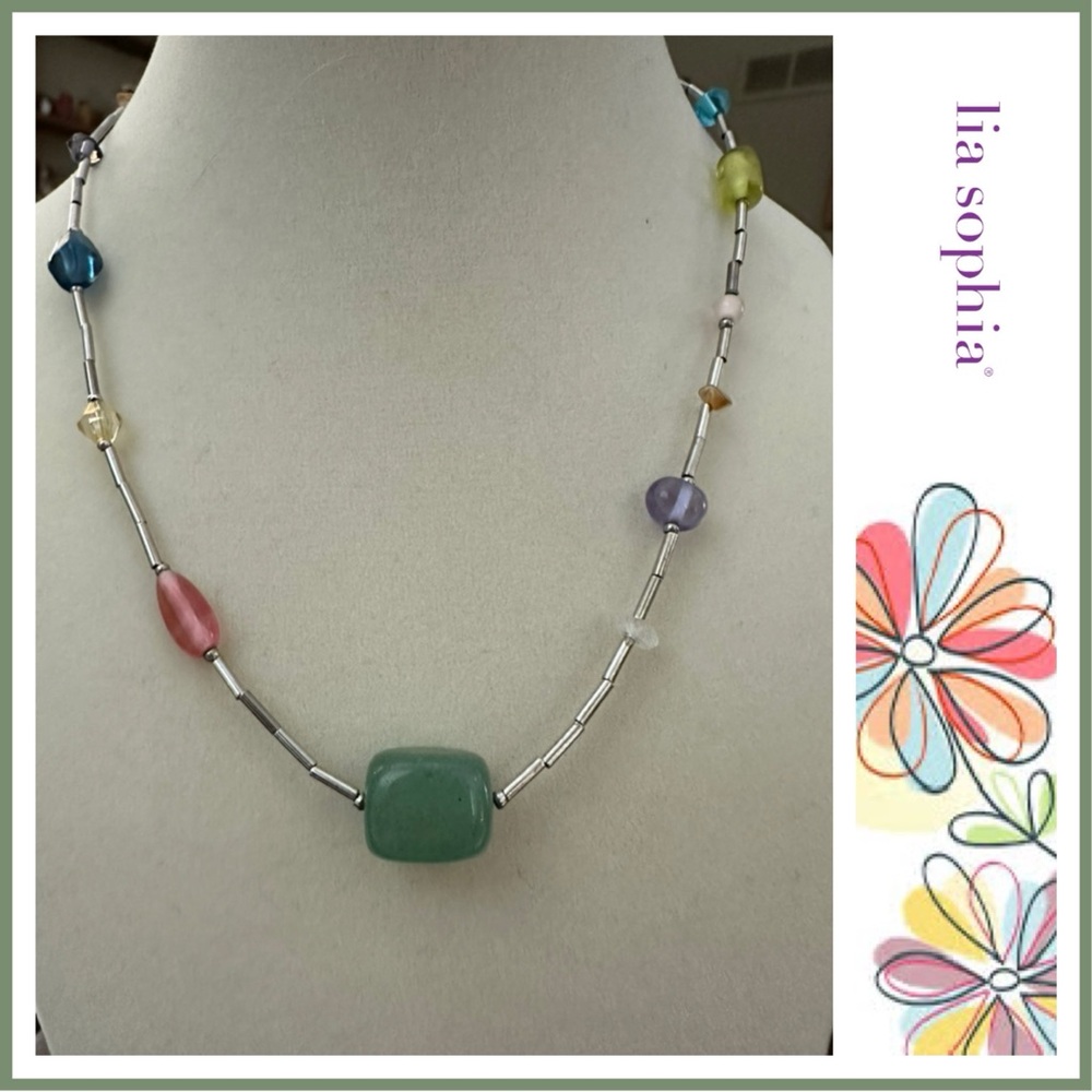 Lia Sophia COLOR COATED. Stationed Pastel Beads. 15-17” Silver Tone